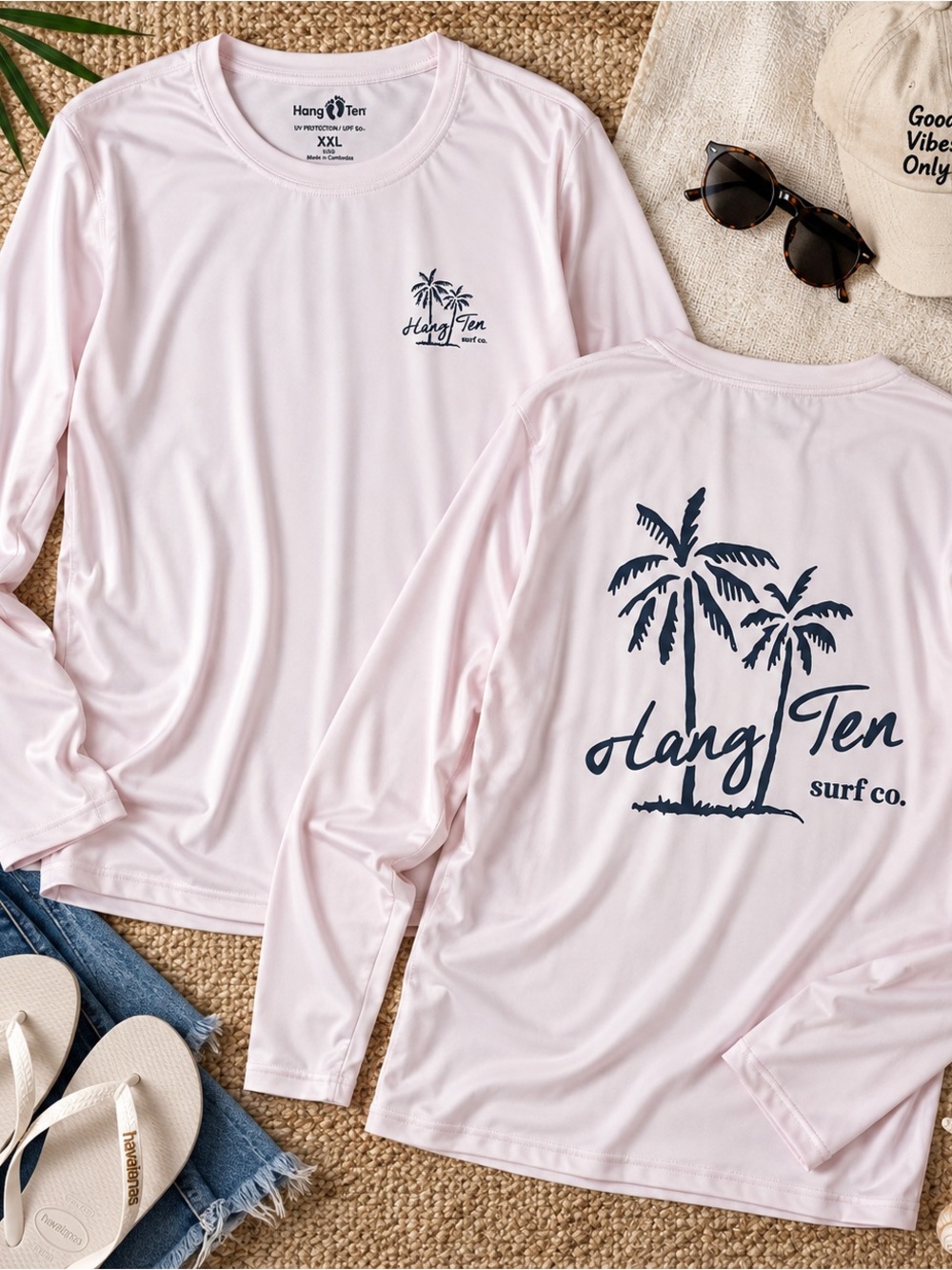 Hang Ten Surf Co. Pink Long Sleeve UPF 50+ Performance Shirt XXL Palm Tree Beach